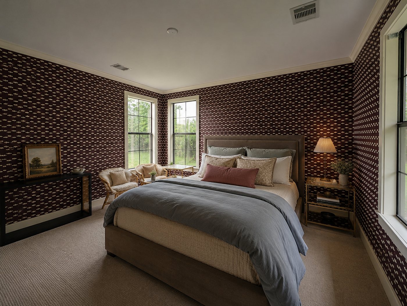 Guest bedroom with a small-print burgundy wallpaper, installed by The Style Maison