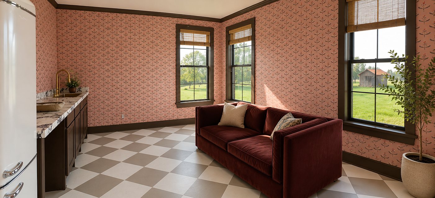Sitting room with a pink block print wallpaper, installed by The Style Maison