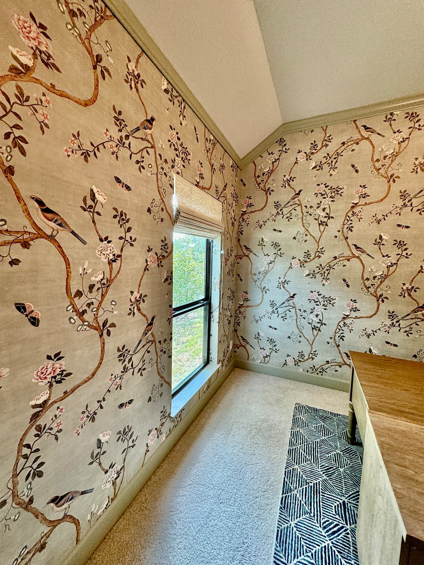Home office with hand-painted chinoiserie wallpaper, installed by The Style Maison