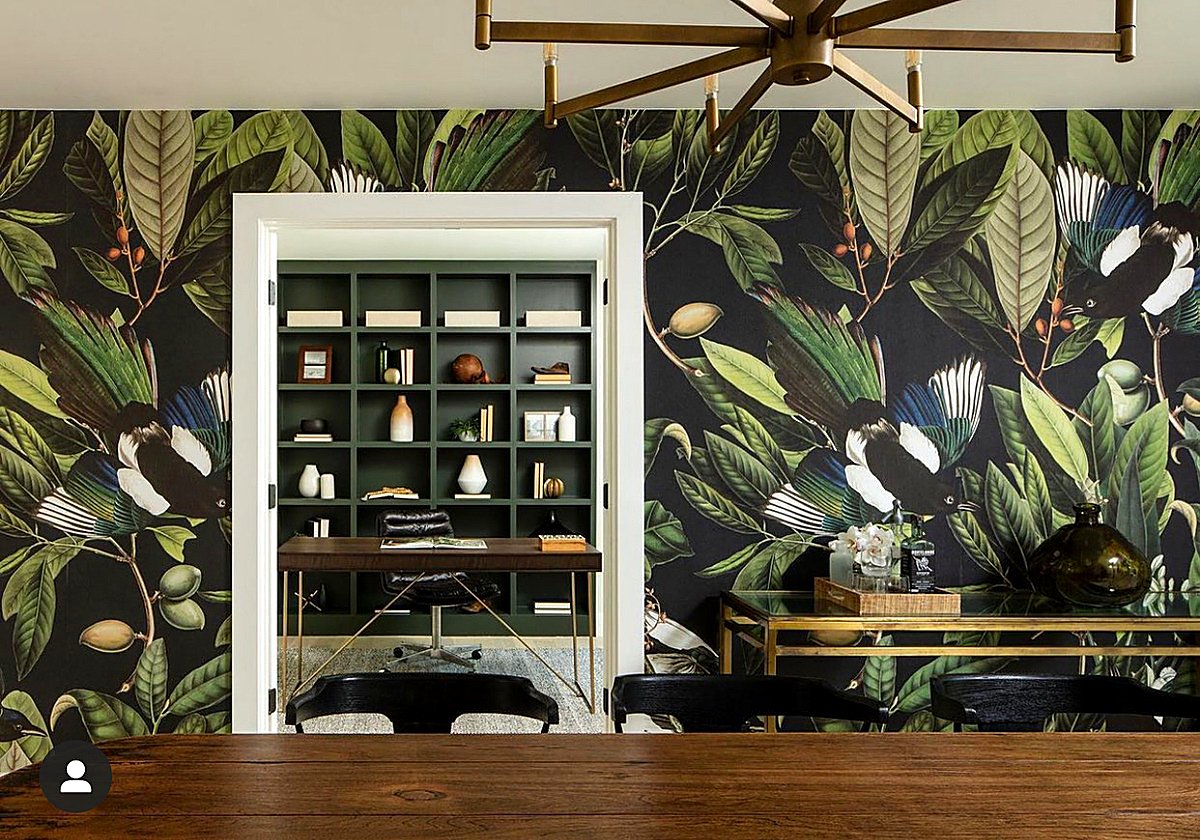 Botanical wallpaper in a real Style Maison home office