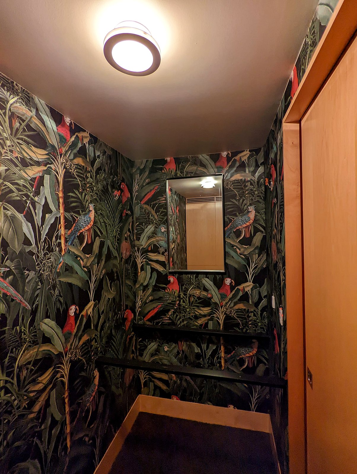 Tropical botanical wallpaper in a small powder room, installed by The Style Maison